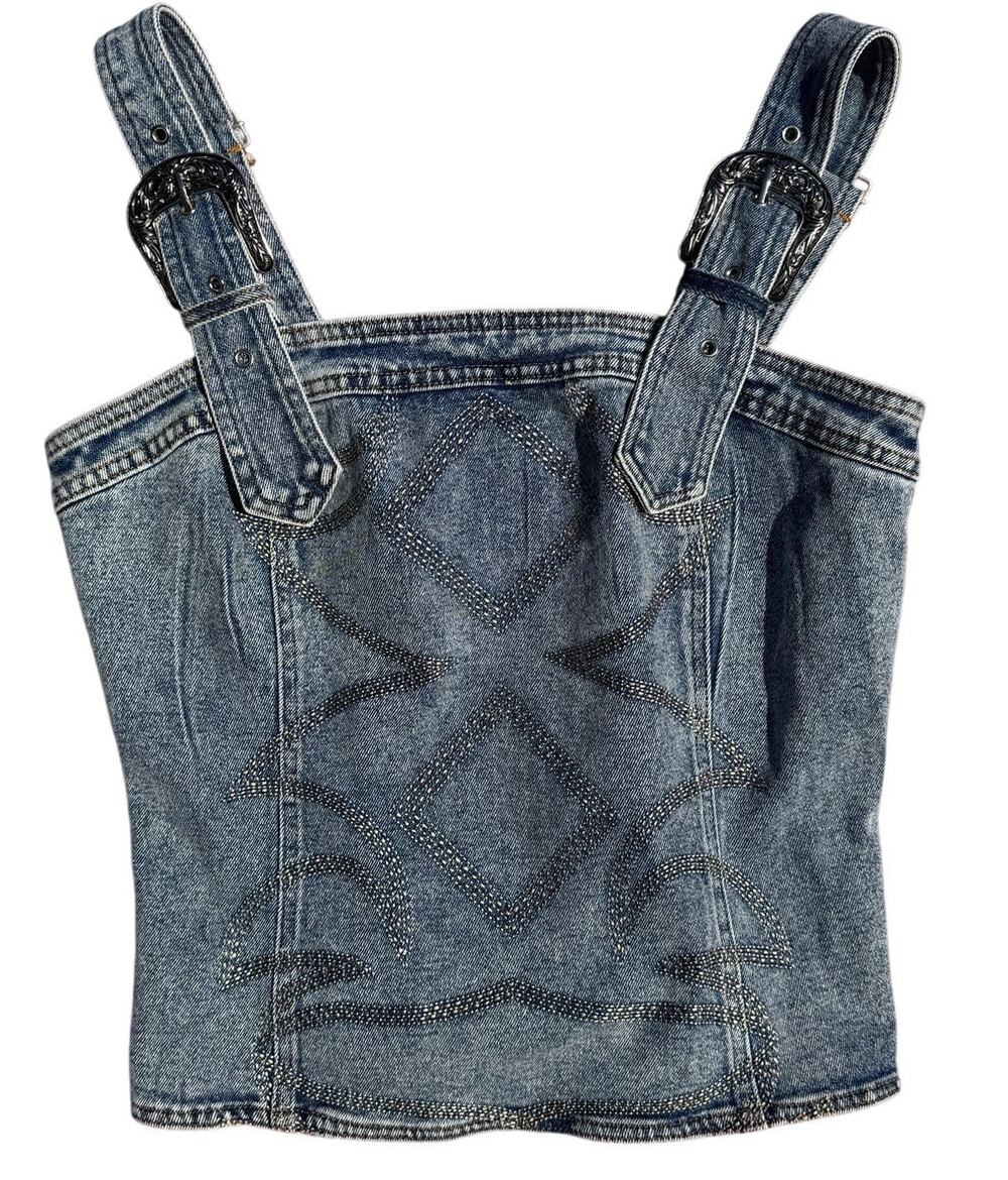 Western Buckle Strap Embroidered Denim Top M